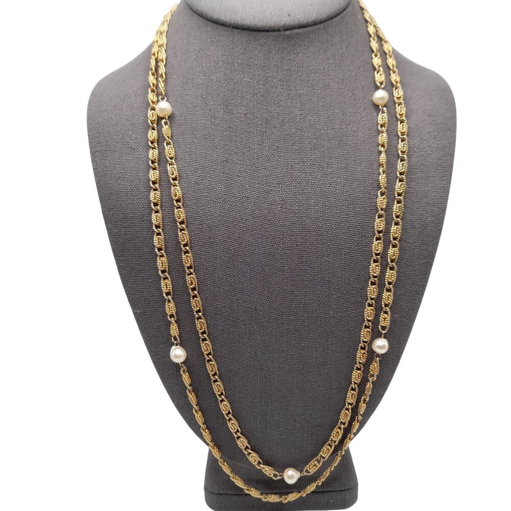 Vintage 1950s Long Gold Tone Snail Chain Necklace with Faux Pearls 54”